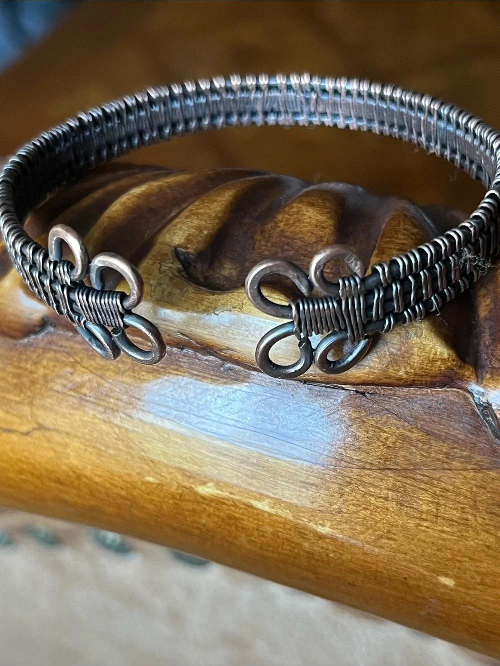 Handwoven Brown Wire Bracelet with Loop Accent. Oxidized copper.